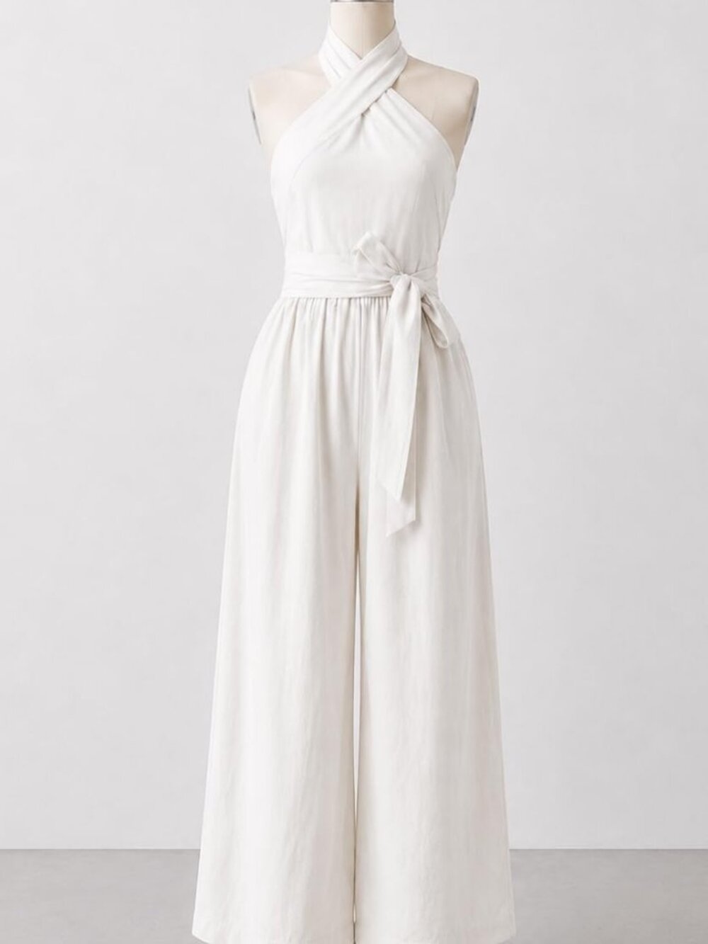 Womens Halter Jumpsuit Backless Wide Leg Pants with Tie Waist White - Picture 4 of 5